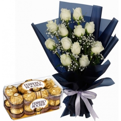12 White Roses with Chocolate Box