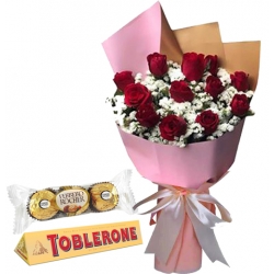 12 Red Color Roses with Chocolate
