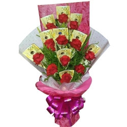 Money with 12 Red Roses in a Bouquet