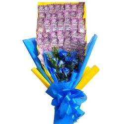 Money with 12 Blue Roses in a Bouquet
