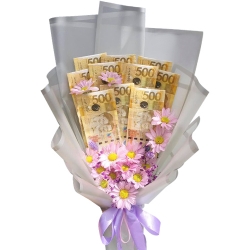 Money with Some Daisy Flower in a Bouquet