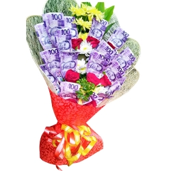 Money with 6 Pcs. Red Roses in a Bouquet