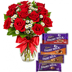 Red Roses Vase with Cadbury Dairy Milk 4 Varieties Delivery To Philippines