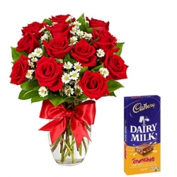 12 Red Roses vase with Cadbury Dairy Milk To Philippines